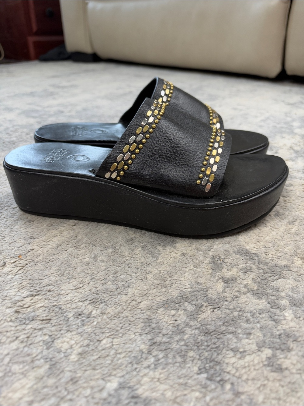Calleen Cordero Black Leather Studded Platform Slide Sandals